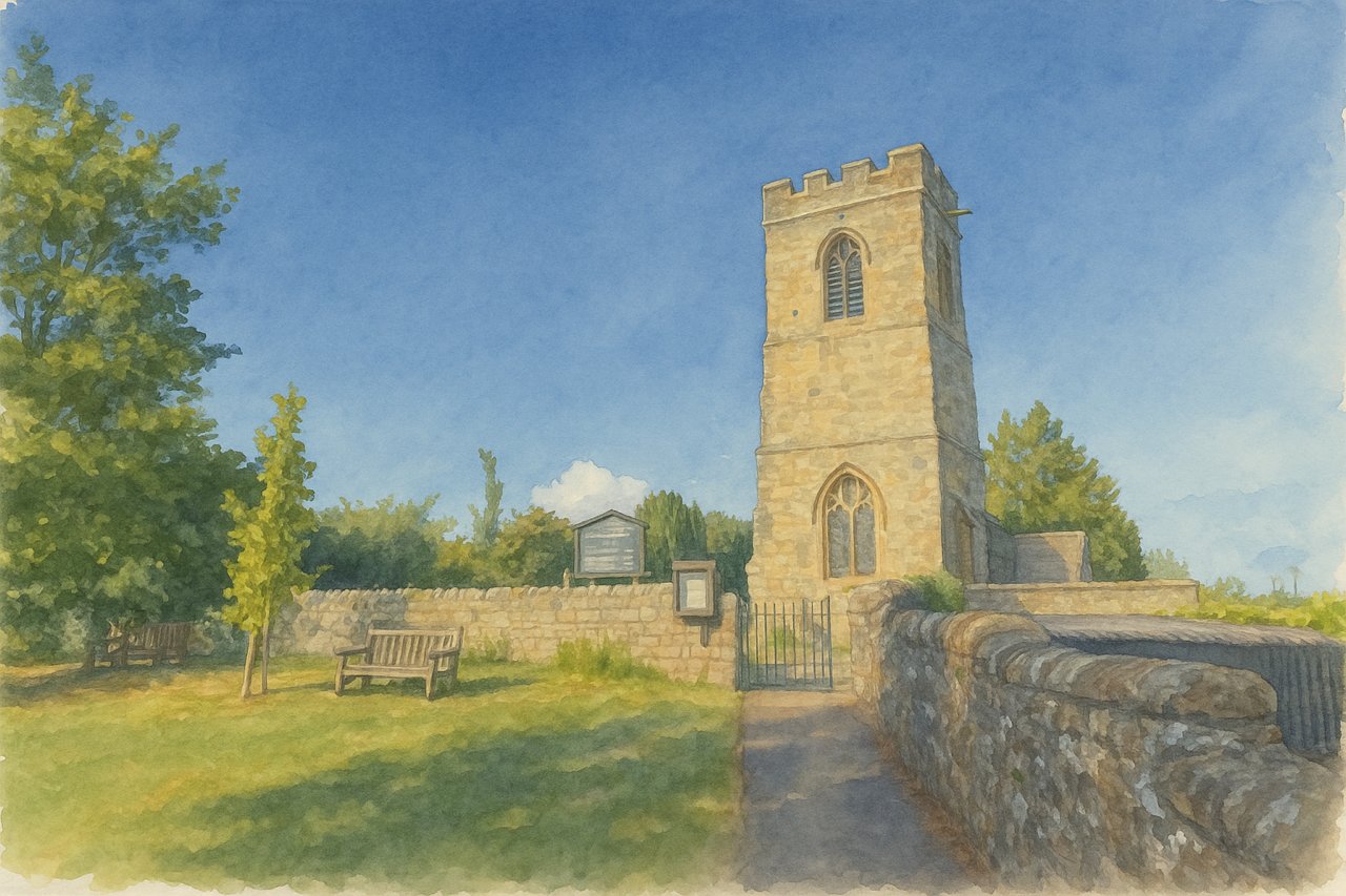 Allerston parish church of St John's — stone tower rising over the graveyard